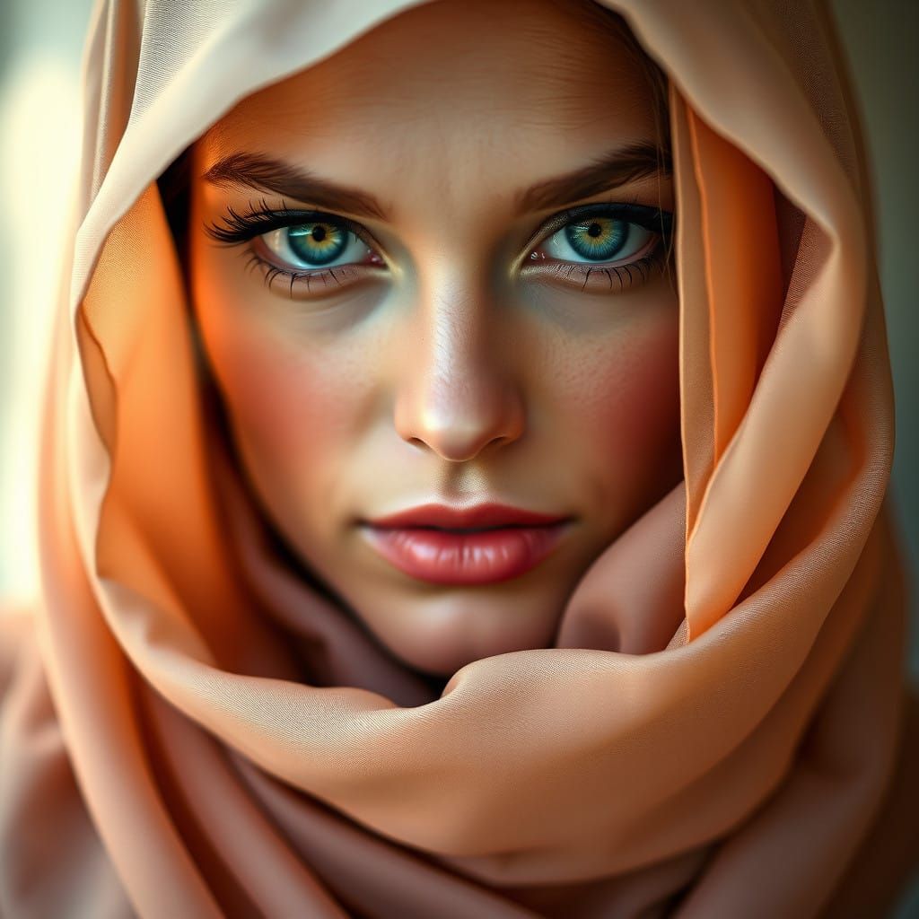 Elegant Woman in Soft Hues with Emerald Eyes