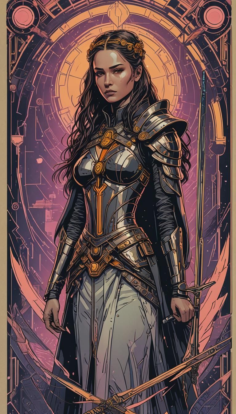 Queen of Swords Tarot Card in Cyberpunk Style