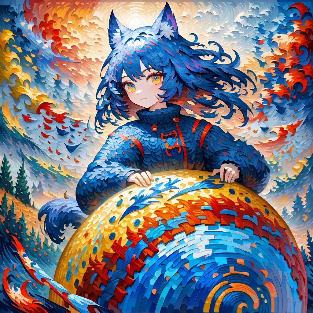 Catgirl on Ball: Neo-Impressionist Acrylic Painting