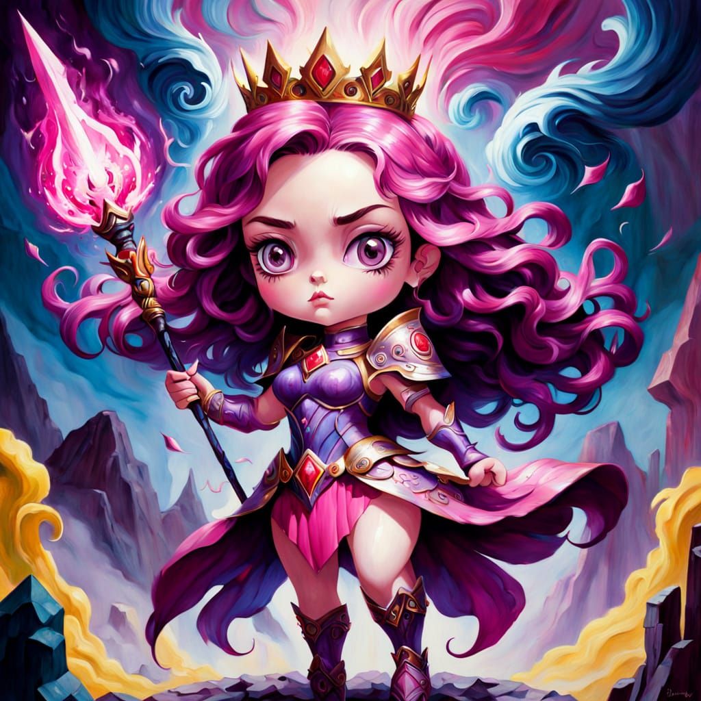 Chibi Warrior Queen in Surreal Anime Oil Painting Style