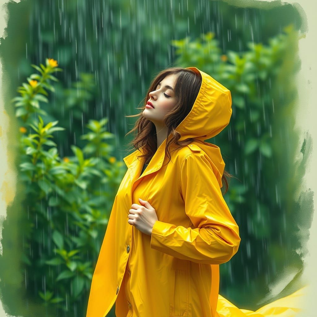 Woman in Yellow Raincoat Dancing in Summer Rain
