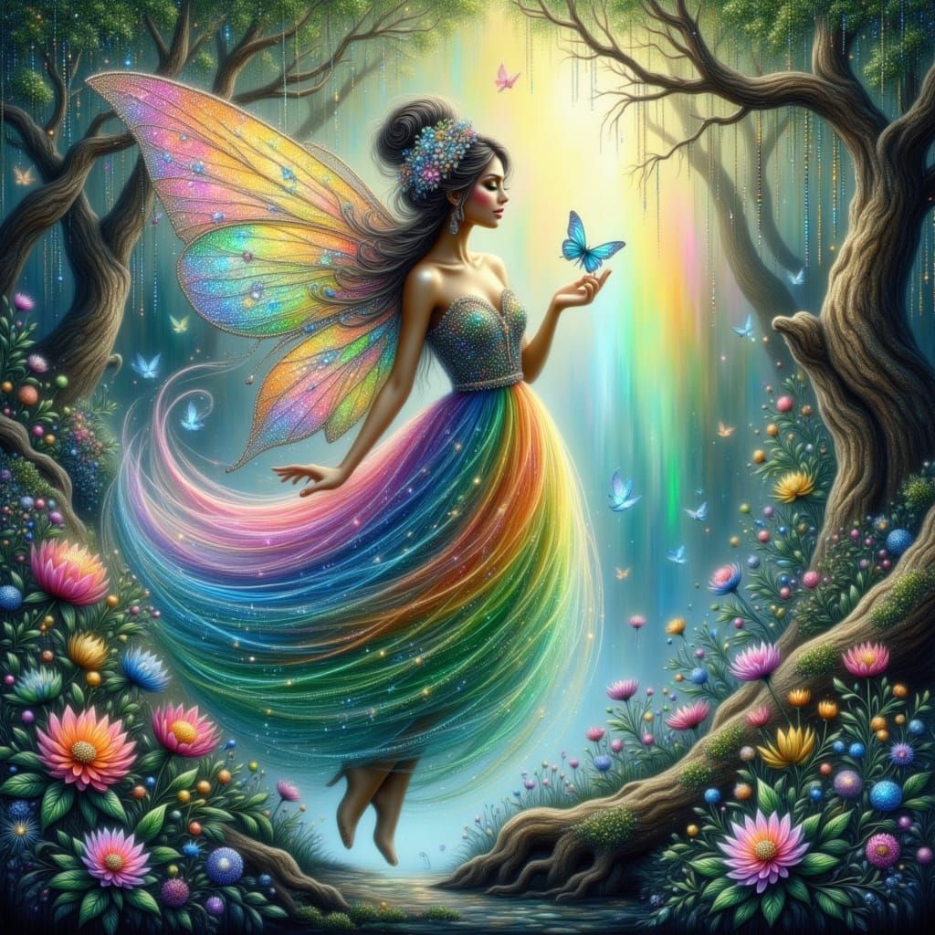 Rainbow Fairy in Enchanted Forest, as Digital Art