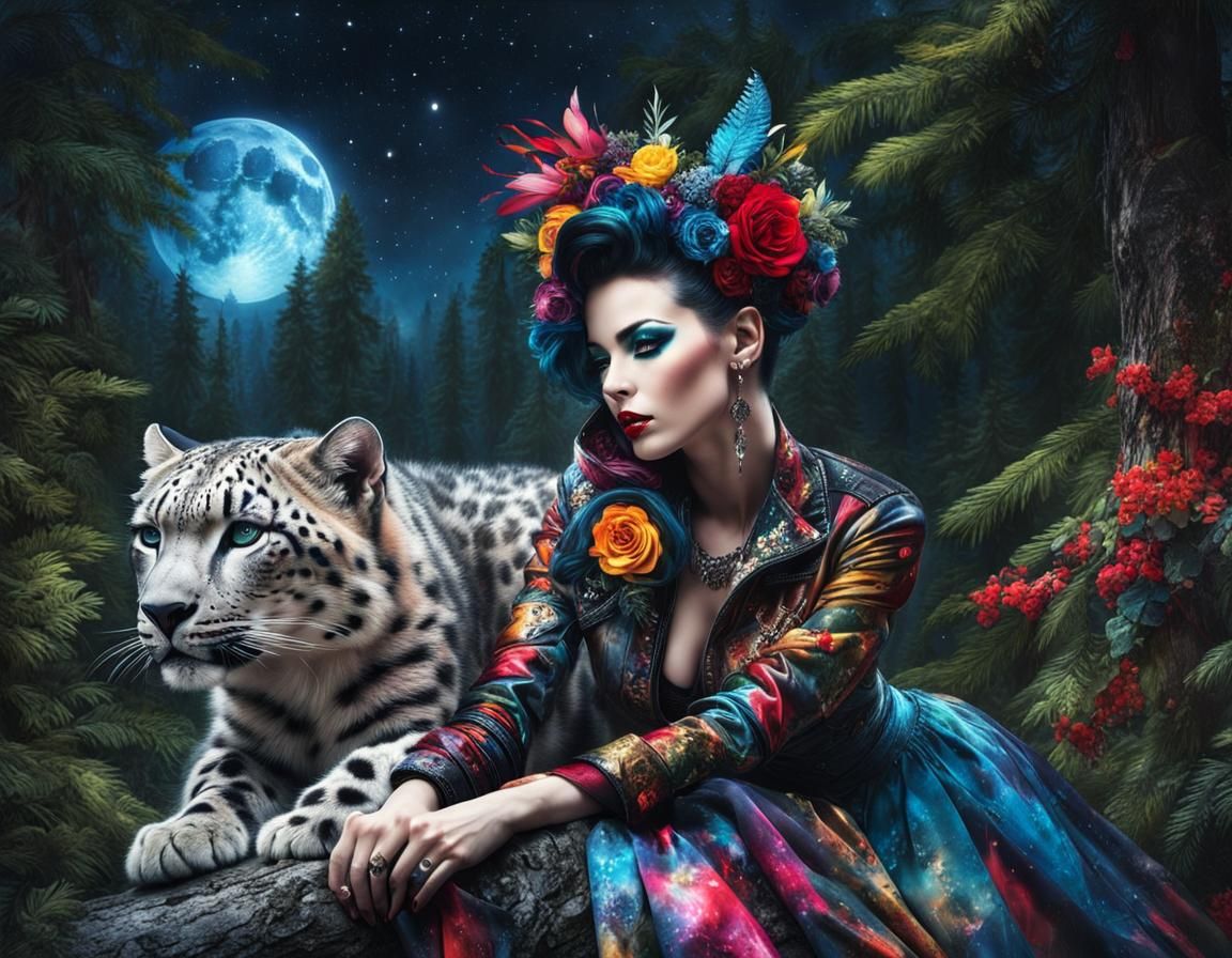 Rockabilly Punk and Snow Leopard in a Vibrant Night Sky