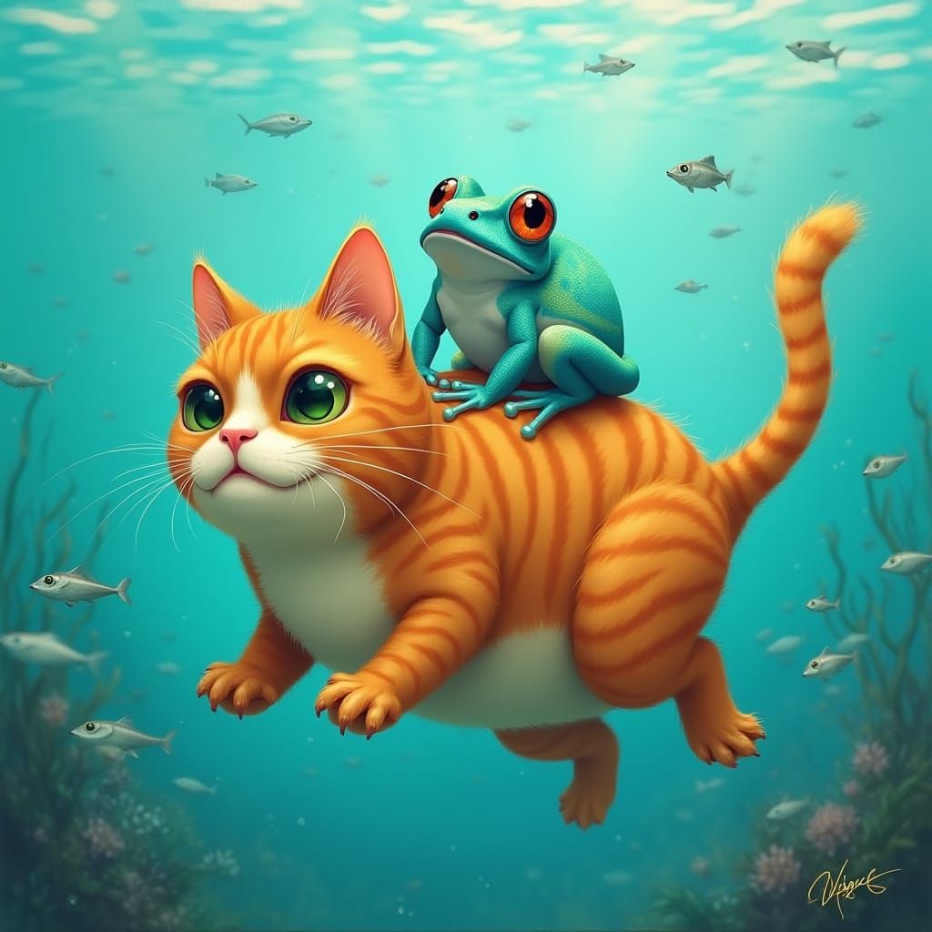 Whimsical Ginger Cat Surfs the Turquoise Tides with Iridesce...