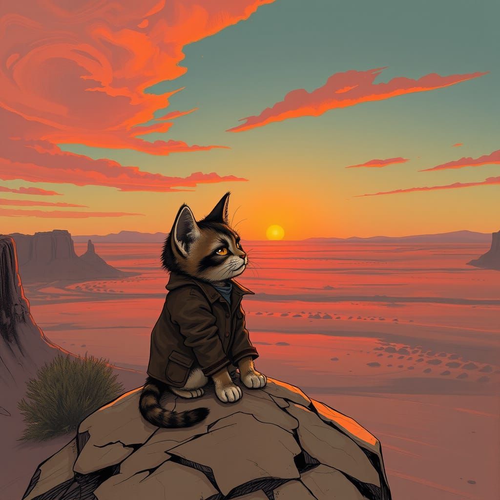 Grumpy Kitten Gazing at Desert Sunset
