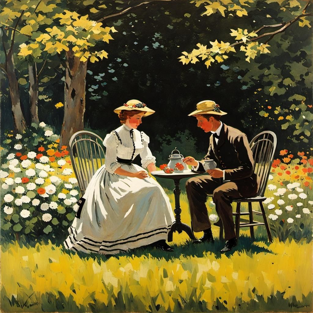 Rustic Courtship Scene as Gouache Painting