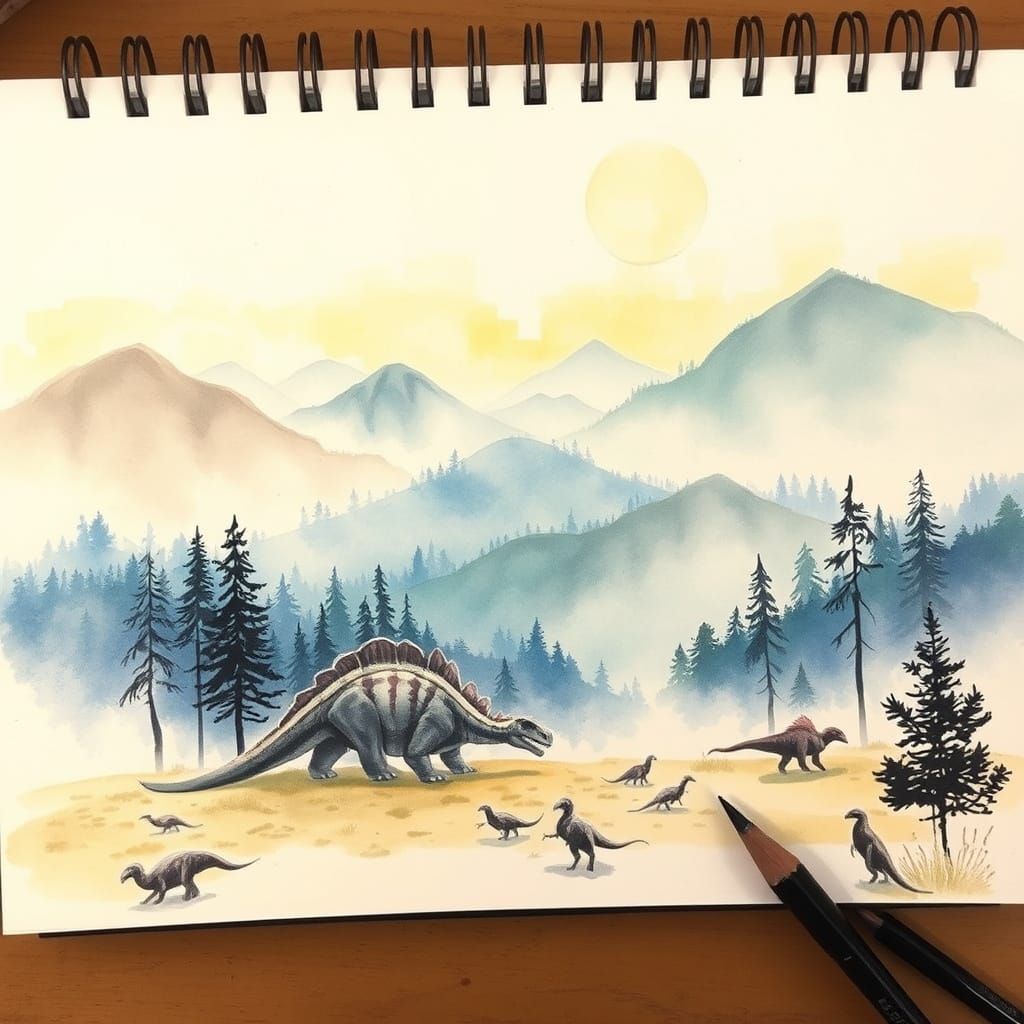 Dreamlike Watercolor: Artist Sketching Prehistoric Landscape