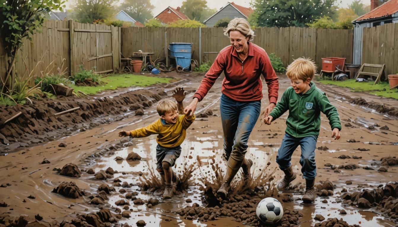 Mother and Son Enjoy a Joyful Football Moment in the Garden