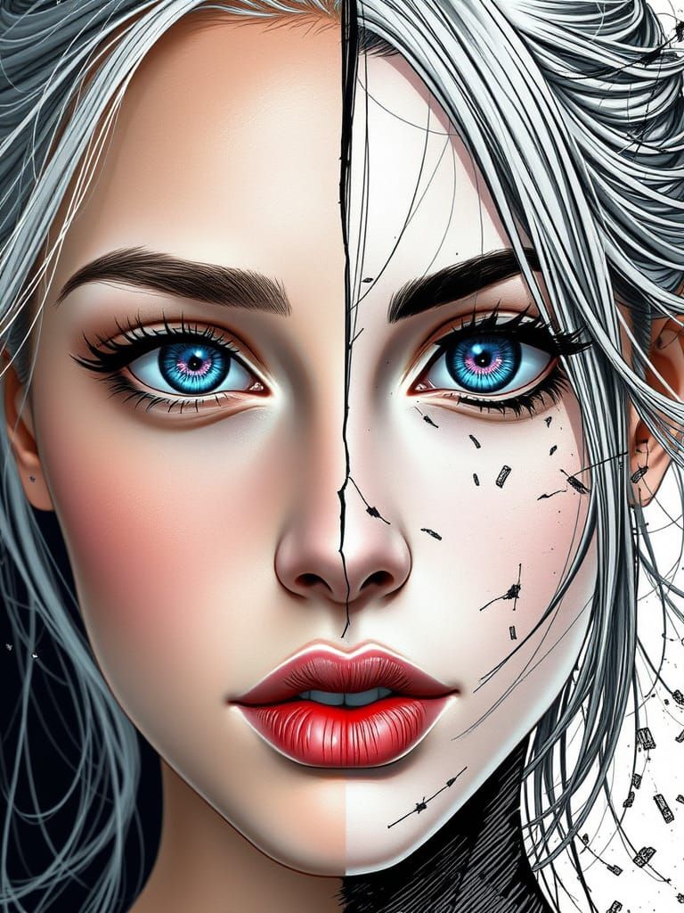 Surreal Digital Manga Split-Portrait with Hyper-Realistic an...