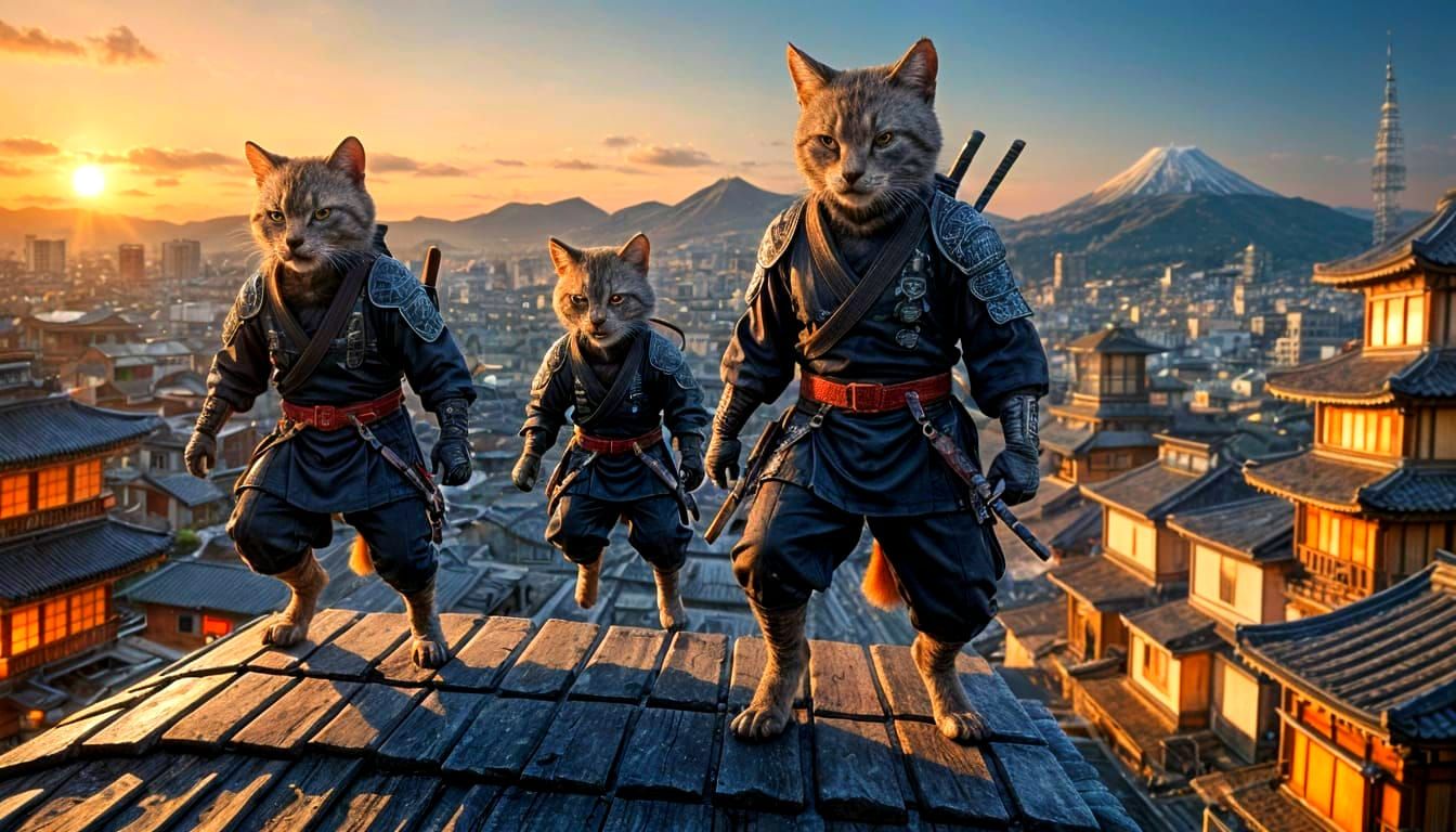 Ninja Cats Chase Mice Across Japanese Rooftops