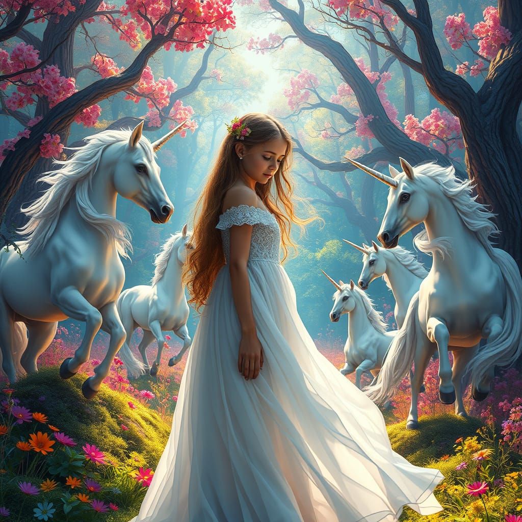 Girl with Unicorns in Magical Hyperrealistic Forest