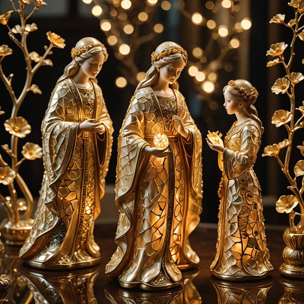 Enameled Glass Figurines in Vitrine: Romantic Style