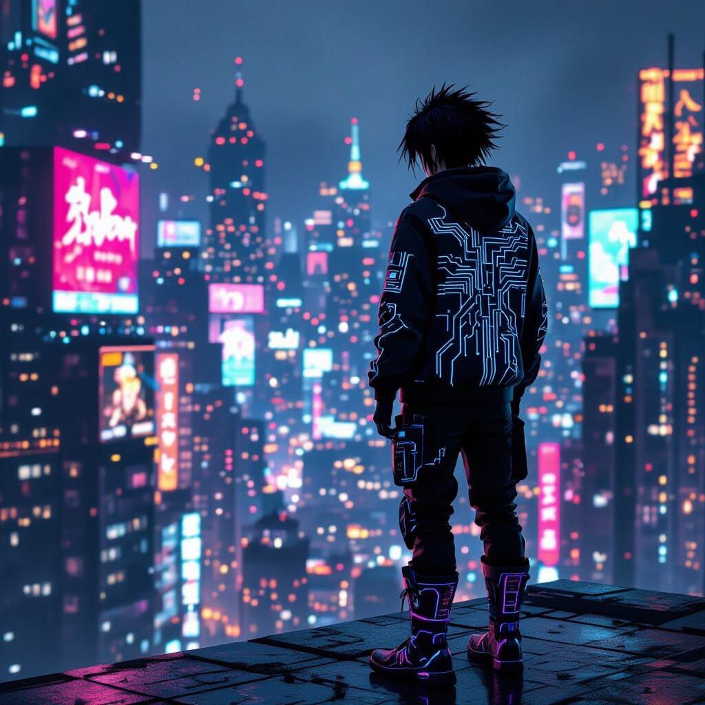 Cyberpunk City Rooftop View with Lone Figure