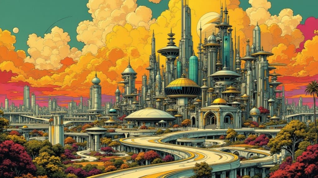 Futuristic Cityscape in Vibrant Comic Book Fantasy Style