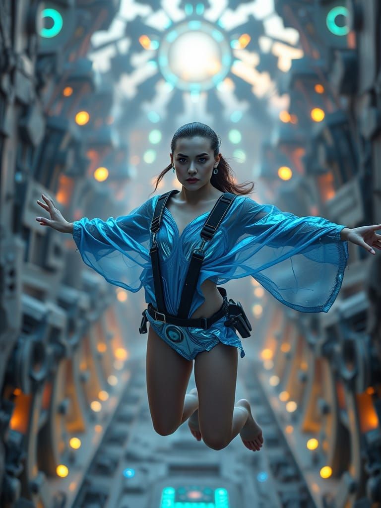 Futuristic Model in Electric Blue Drapery Floats in Science ...