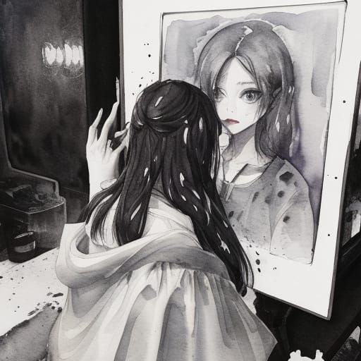 Haunting Black and White Watercolor of Inner Turmoil