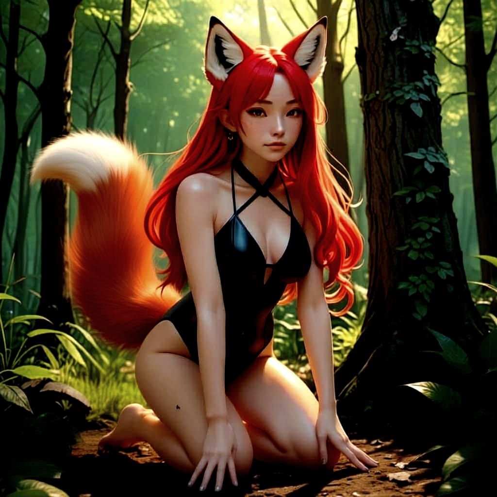 Red-Haired Fox Girl in Agile Forest Pose