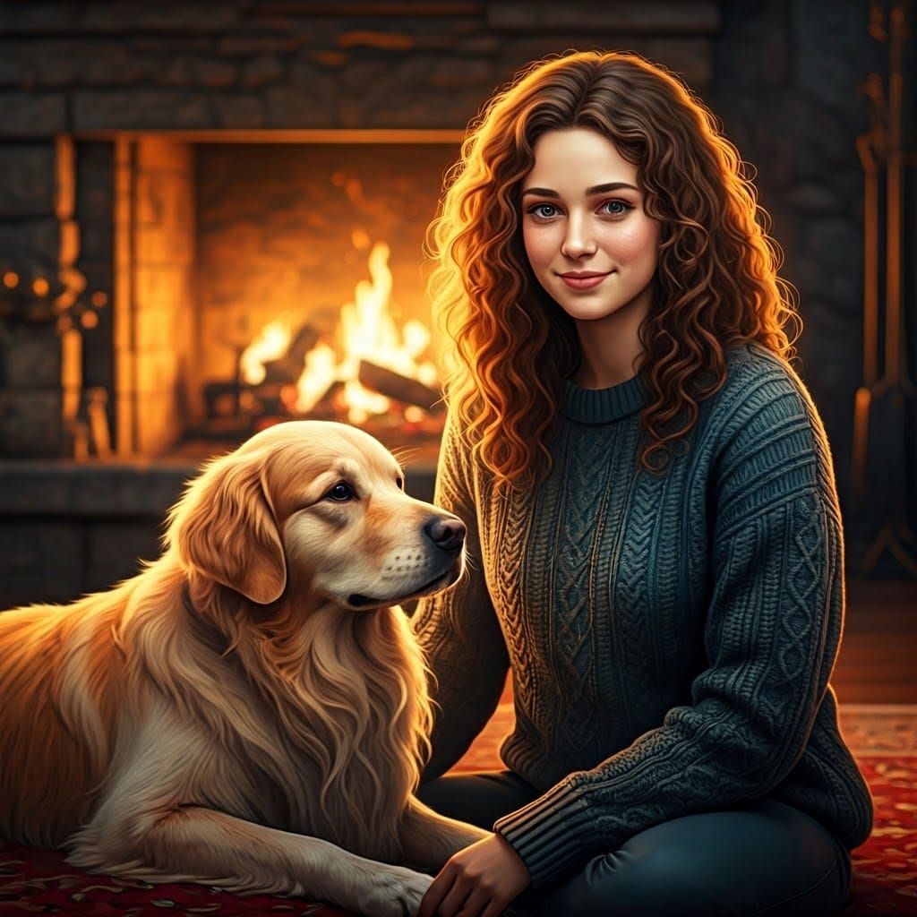 Woman and Dog by Fireplace in Digital Art Style