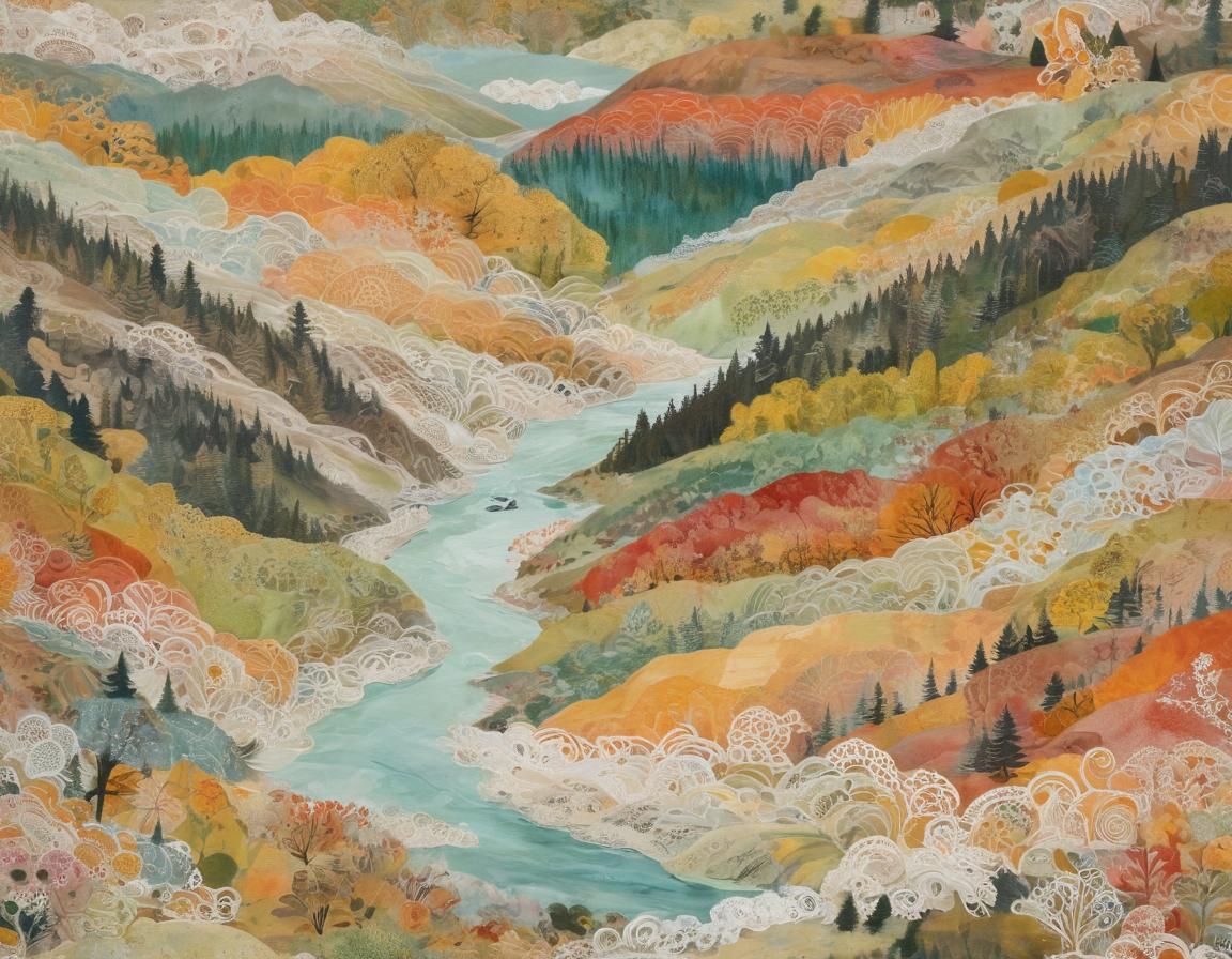 Serene River Valley in Art Nouveau Paper Collage