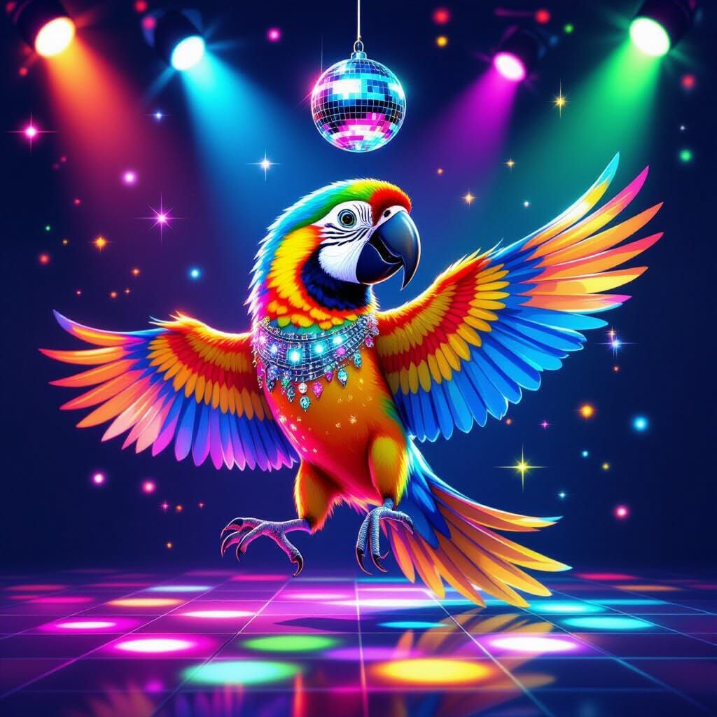 Vibrant Parrot Dancing in Disco with Neon Lights