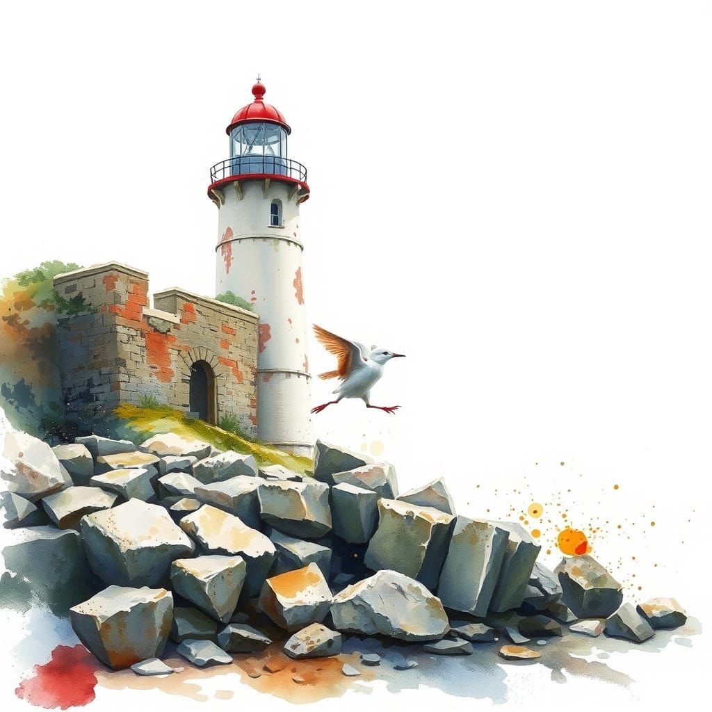 Stoat at Ruined Lighthouse: Watercolour Painting