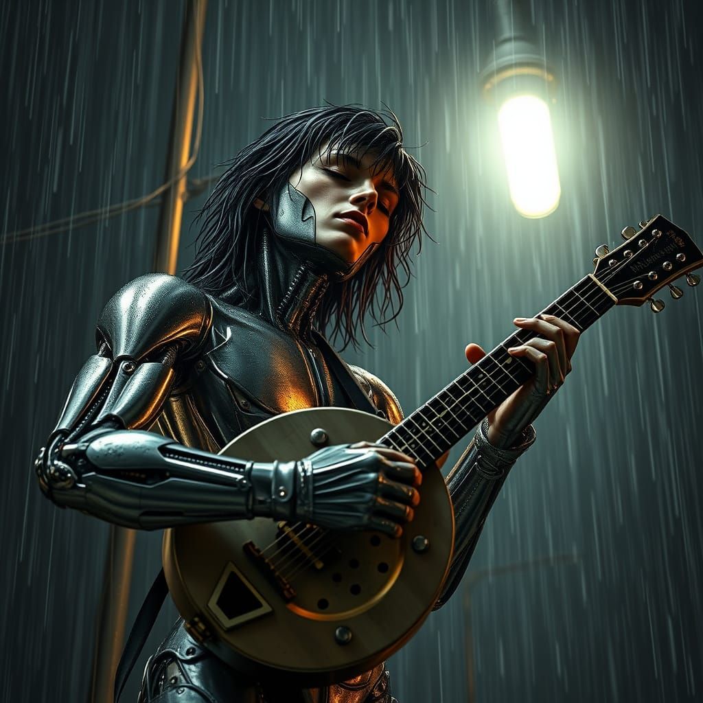 Cybernetic Musician Lost in Futuristic Melody