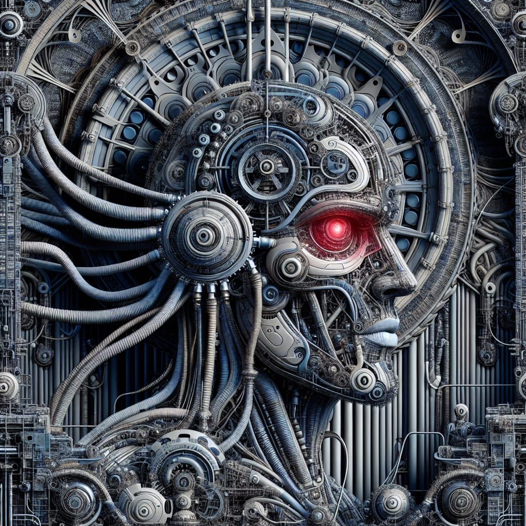 Biomechanical Cyborg with Red Eye in Gothic Setting
