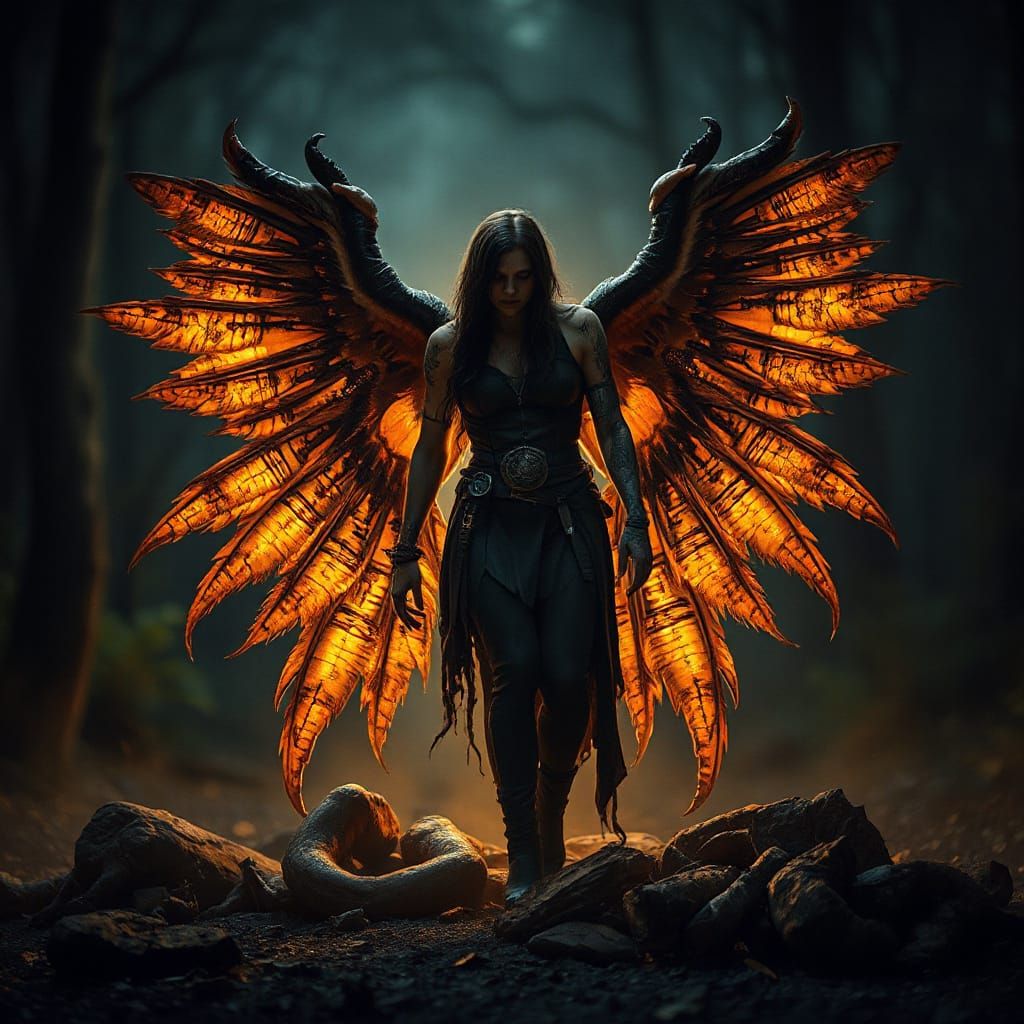 Luminescent Tattooed Fallen Angel in Dark Dystopian Style