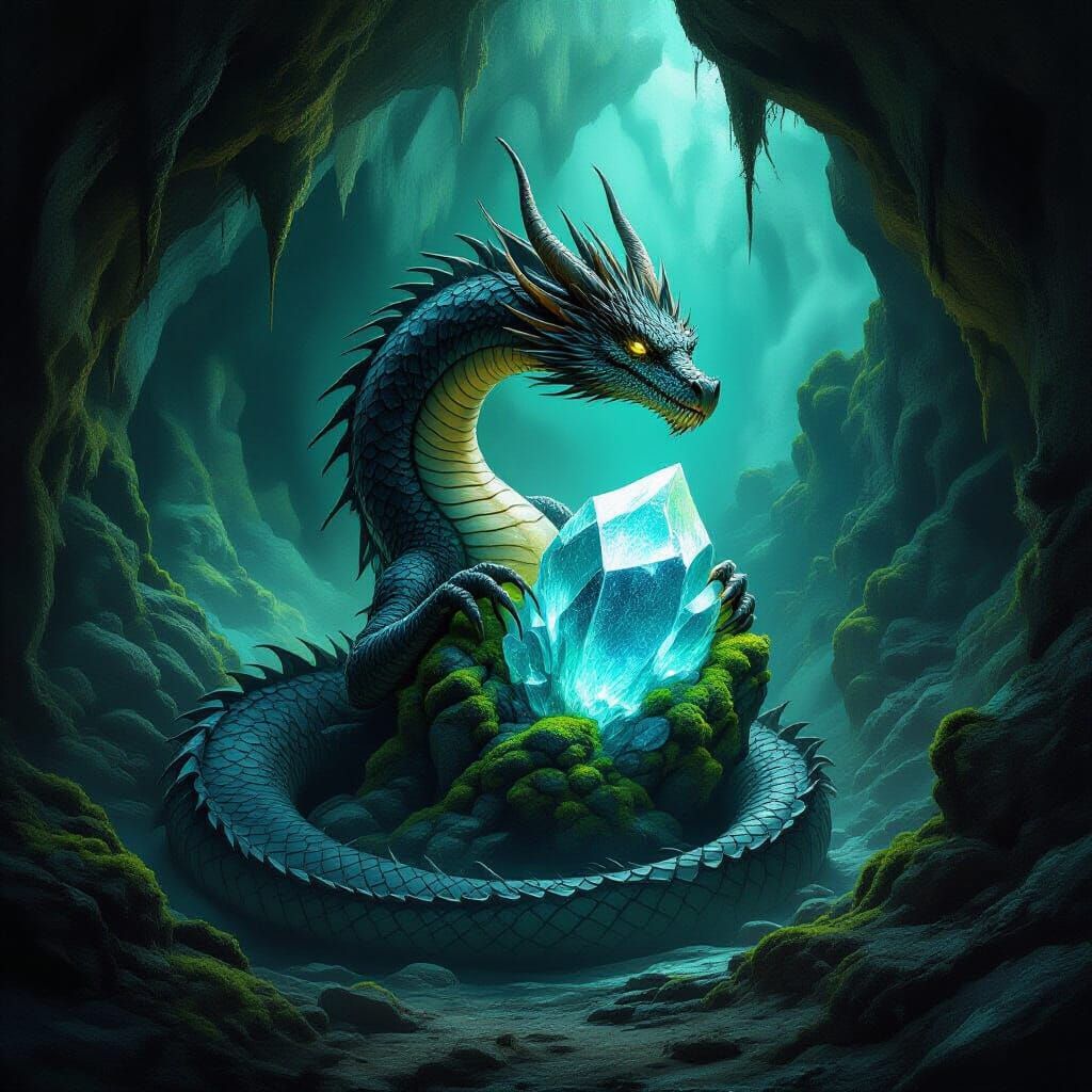 Ancient Dragon Coiled Around Crystal in Bioluminescent Caver...