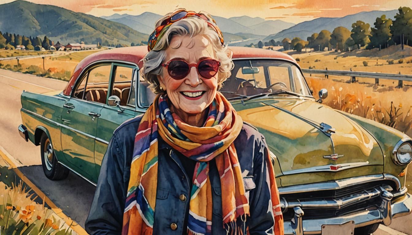 Vintage Americana Road Trip in Watercolor Style