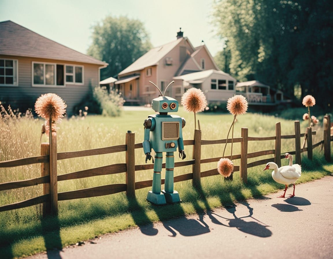 Retro Gingham Pattern Scene with Folkloric Robots and Geese