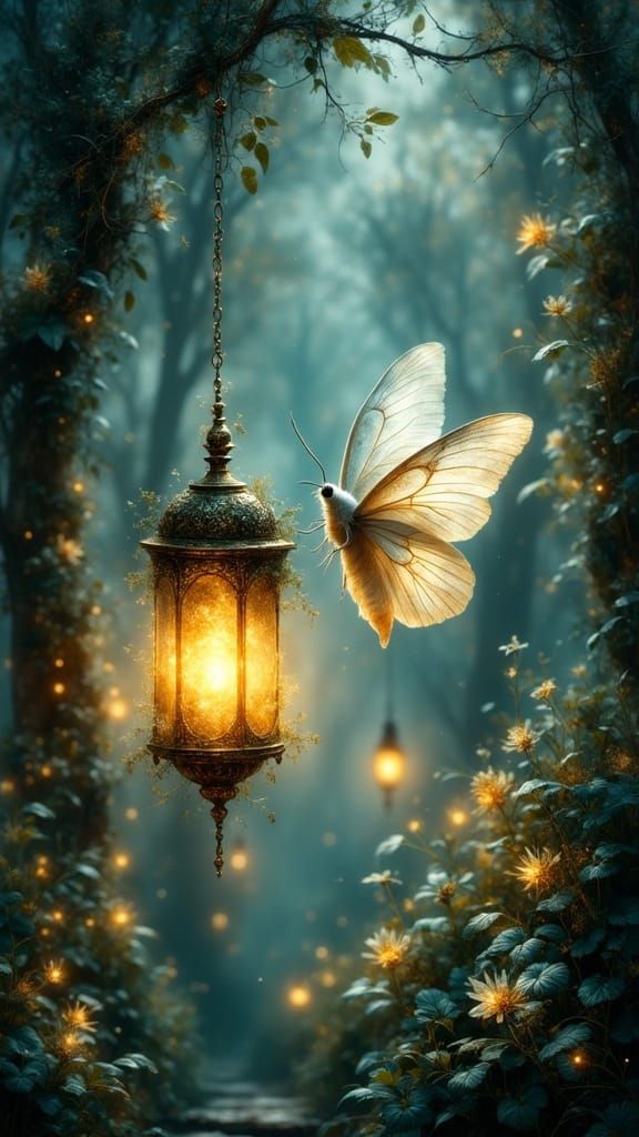 A mystical oracle card of A delicate white moth flutters tow...