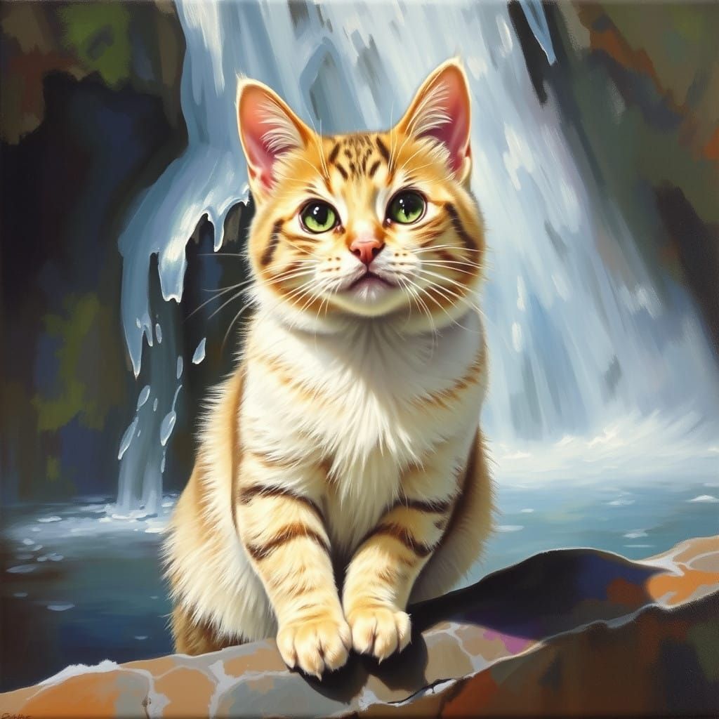 Whimsical Cat Surrounded by a Soothing Waterfall in a Dreamy...