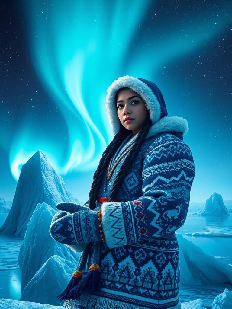 Inuit Woman Under Aurora in Hyperreal Digital Art