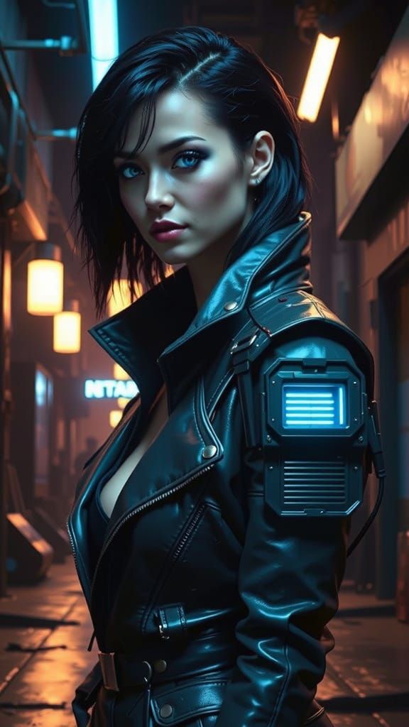 Cyberpunk Woman in Leather Suit with Enigmatic Smile