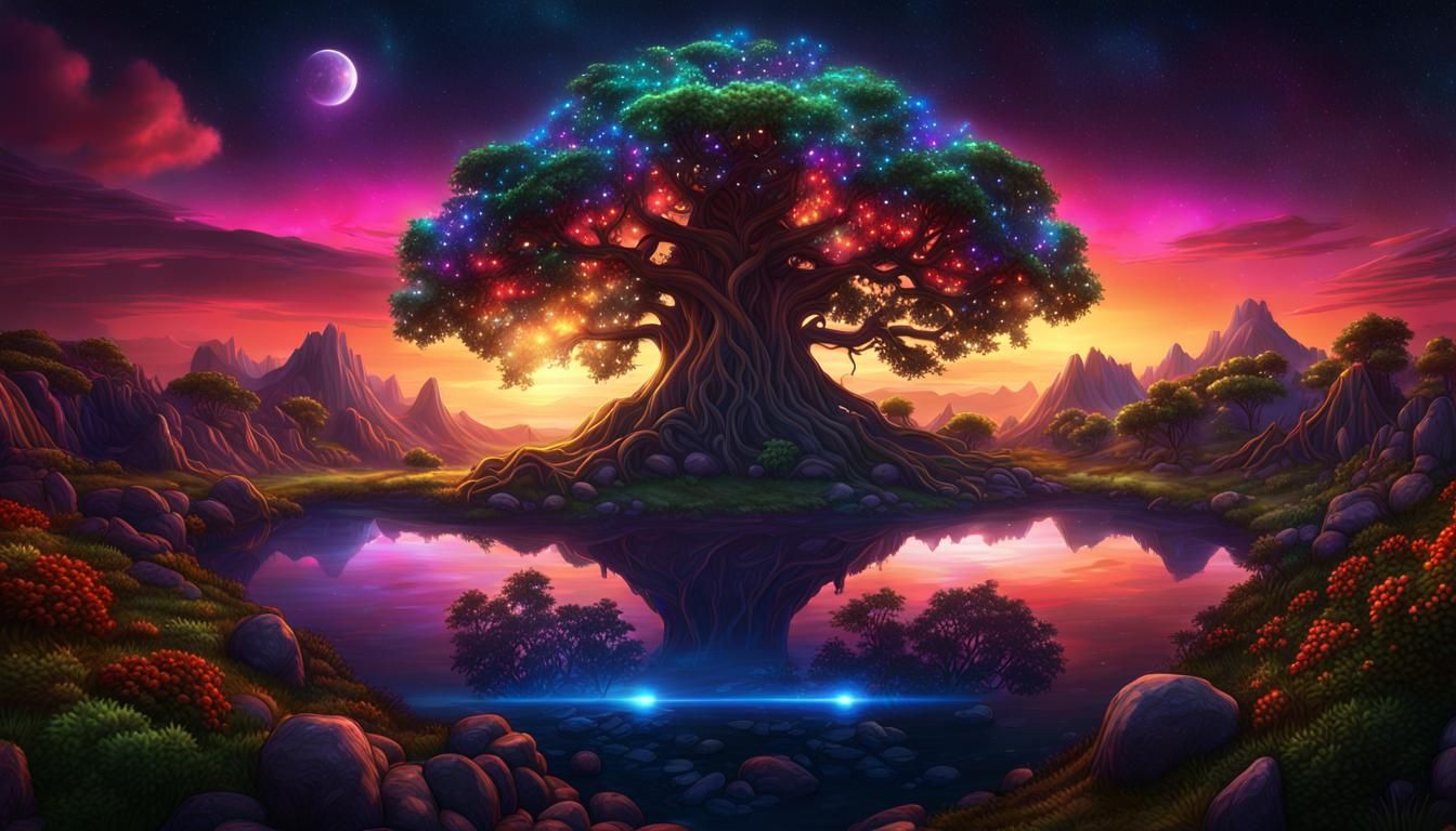 Yggdrasil: Fluorescent World Tree at Night