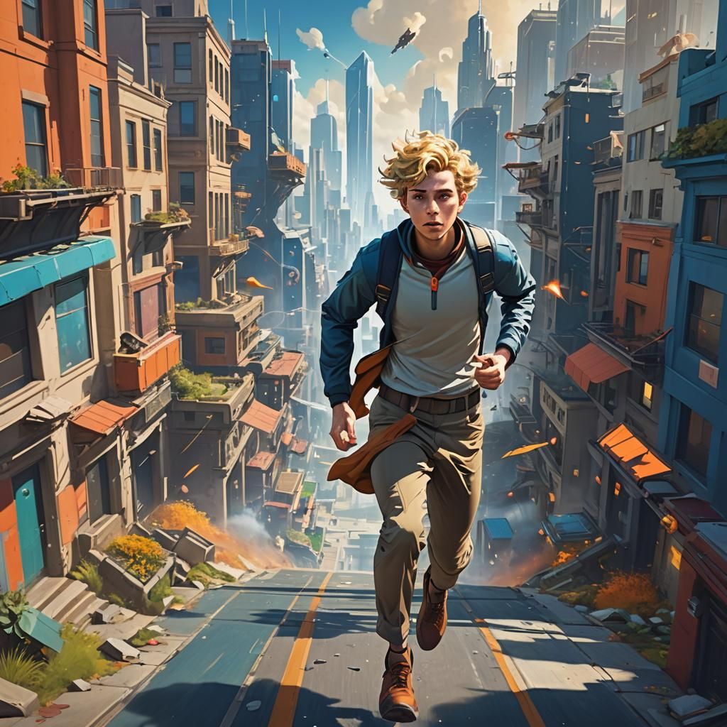 Man Escaping a Dystopian Cityscape in Hyperrealism