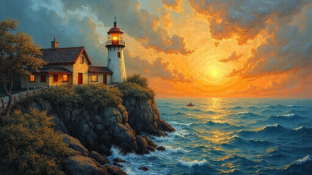 Golden Lighthouse in Encaustic Technique with Lightning