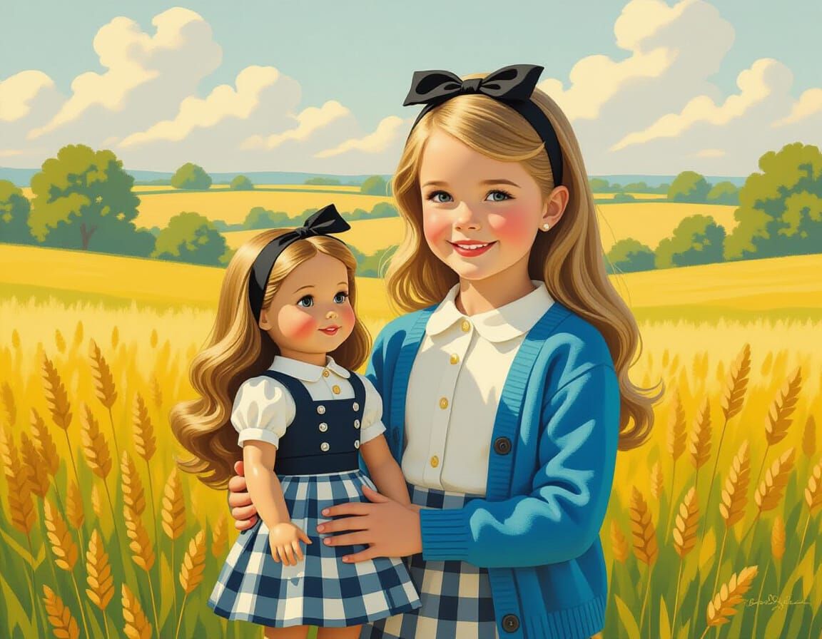 Girl with Doll in Sunny Cotswolds, Painterly Style