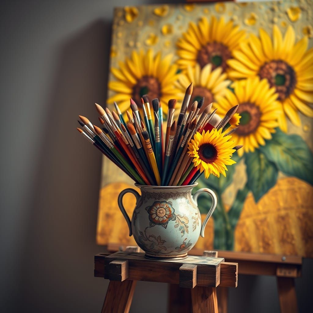 Post-Impressionist Still Life with Vase and Sunflowers in Oi...