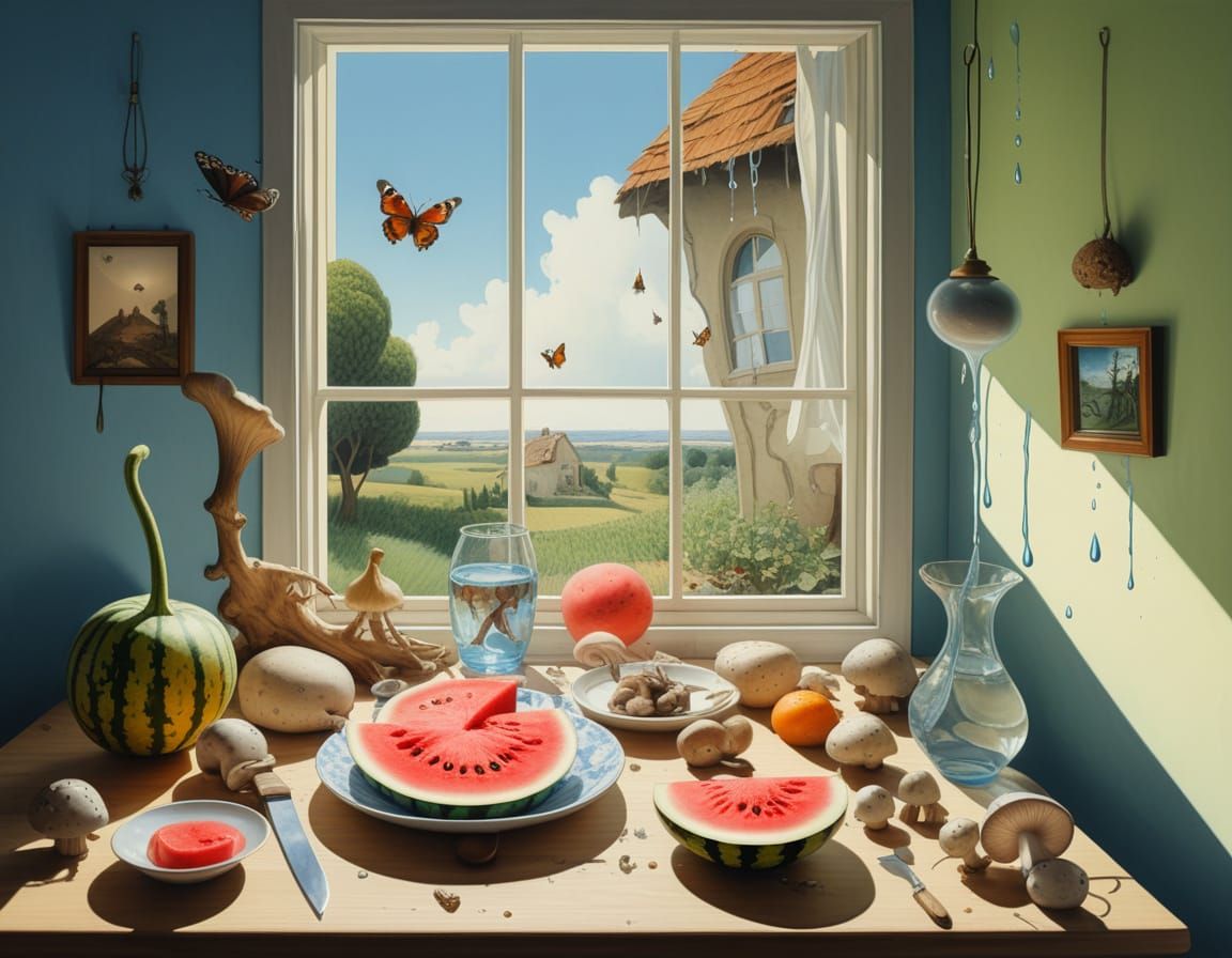 Mysterious Figure Leering Through Window in Gouache Watercol...