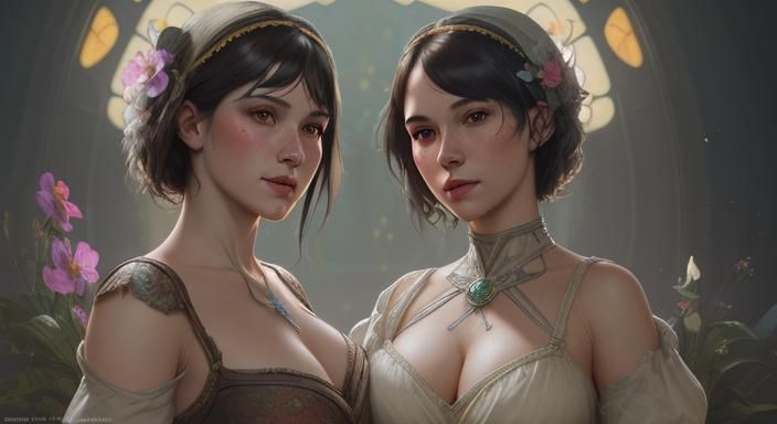 Flapper Girls Kissing in Flower Meadow, Art Nouveau Style