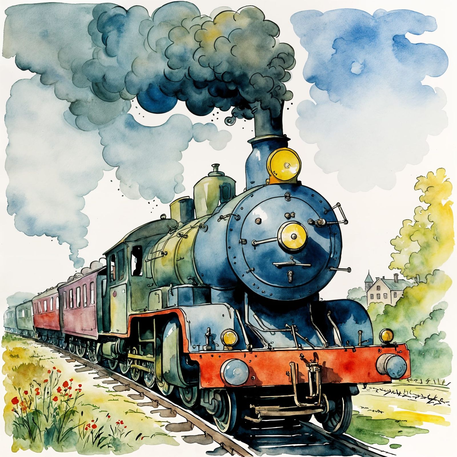 Charming Steam Train Watercolor Illustration