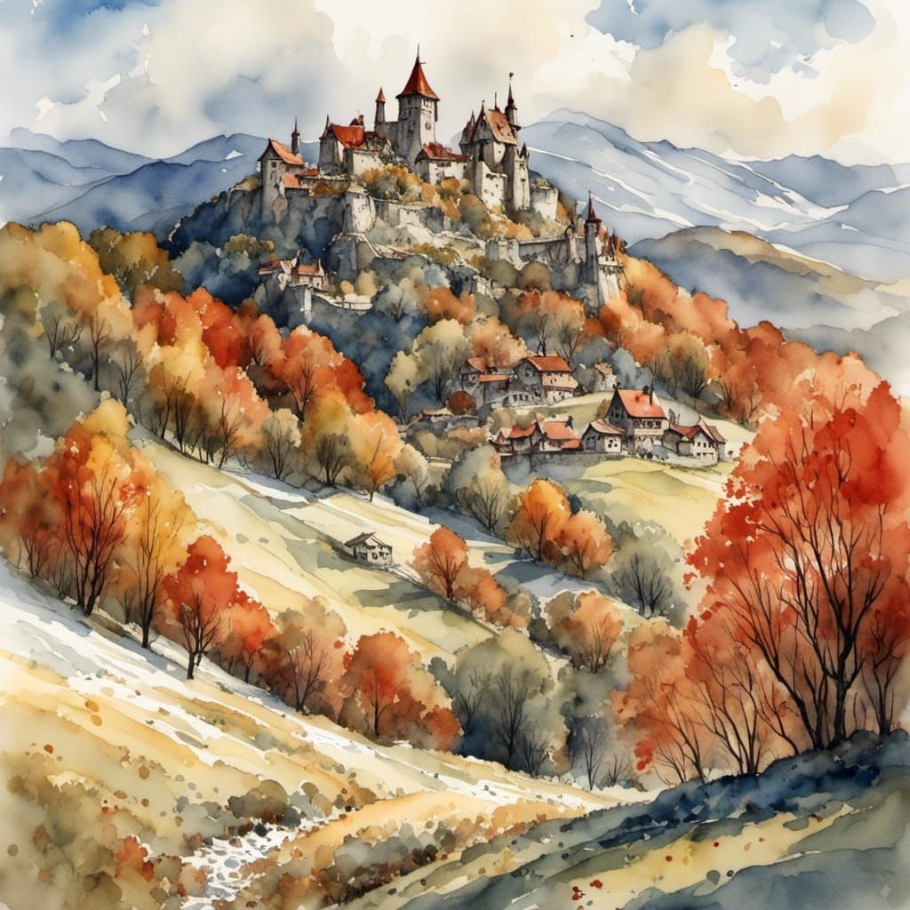Autumnal Castle Valley Landscape with Banners