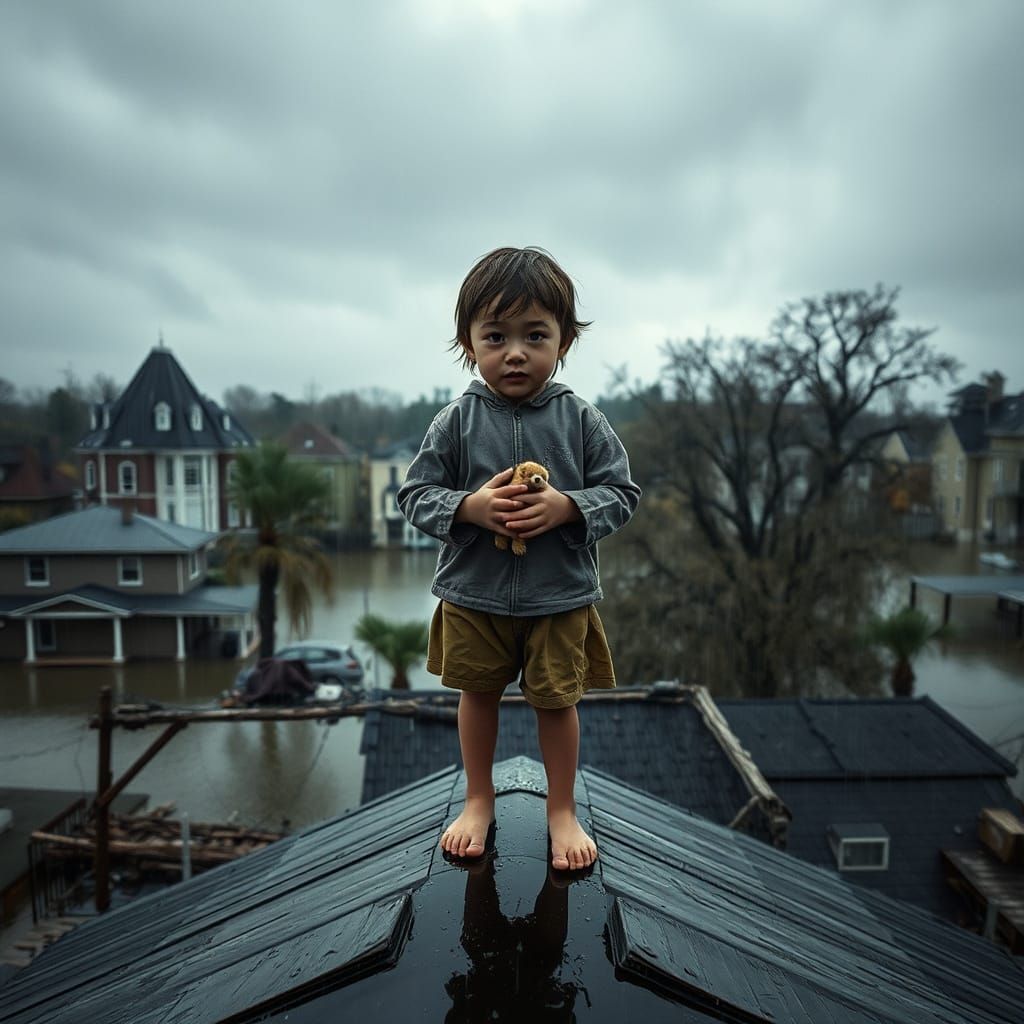 Devastating Flood: Lonely Child in Film Noir Style