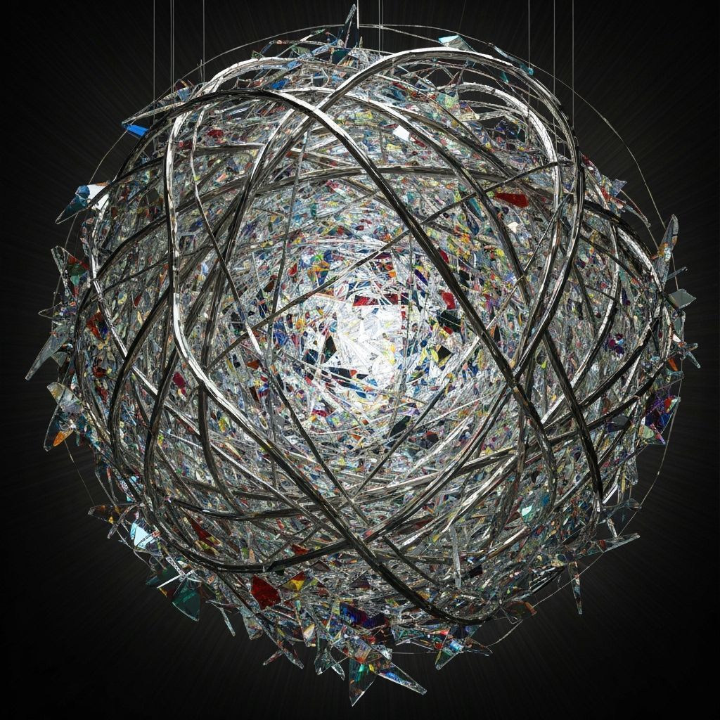 Abstract Sculpture of Metallic Ribbons and Glass