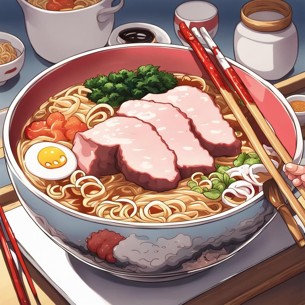 Delicious Pork Ramen in Anime Style