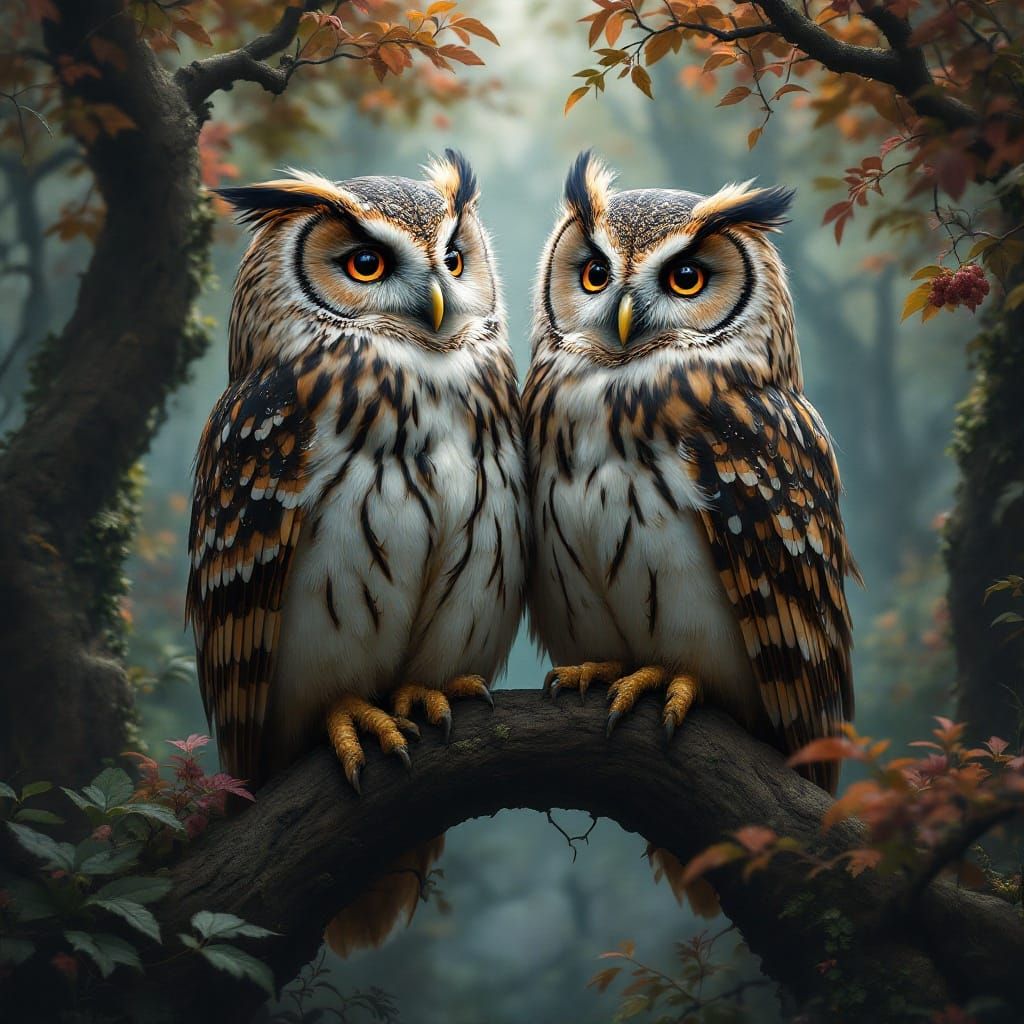 Barred Owls in Mystical Forest: Fantasy Concept Art