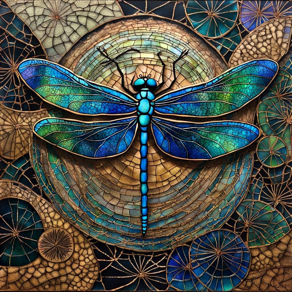Iridescent Dragonfly Wings in Kintsugi Scratchboard Style