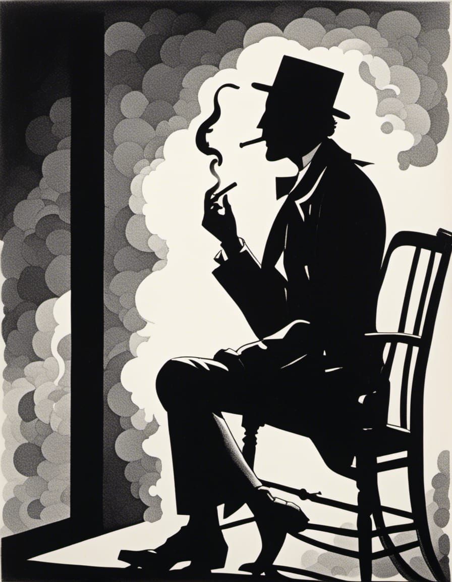 Monochrome Silhouette of Man Smoking Pipe